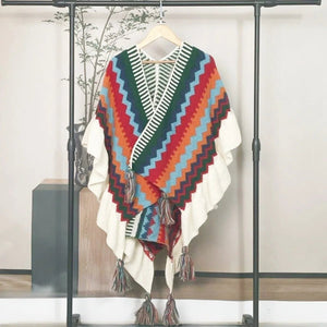 Bohemian Hippie Rainbow Knit Poncho Cape | Women's Oversized Tassel Shawl | One Size | Autumn/Winter Wraptop