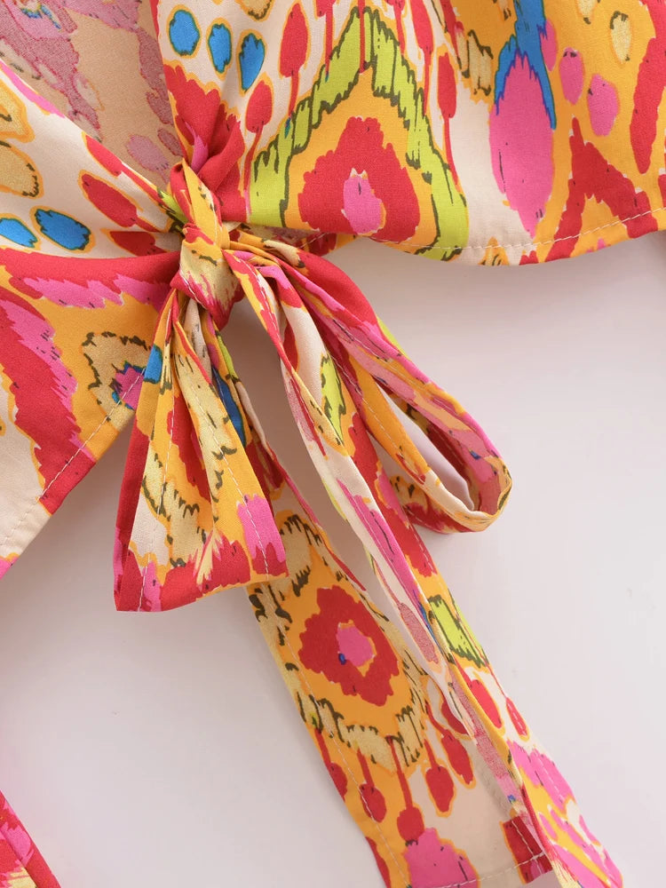 Hippie Floral Kimono Cover-Up | Short Rayon Beach Wrap with Flare Sleeves | Boho Bikini Cover | S–L