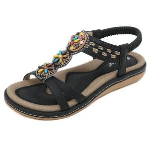 Women's Boho Summer Sandals | Non-Slip Soft Bottom Flats | Casual Beach Shoes | Apricot, Yellow & Black | Sizes 36-42