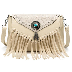 White Boho Festival Bag With Turquoise Center Stone & Tassels