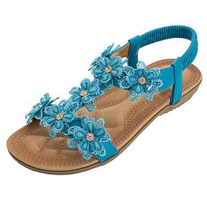 Comfortable Flat Sandals for Women | Bohemia Flowers Rhinestone Beach Thongs | Available in Red, White, Black, and Blue