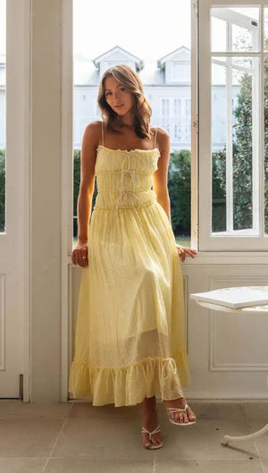 Women's Boho Ruffled Strap Maxi Dress | Summer Sleeveless A - Line Holiday Dress | Spaghetti Strap Empire Waist | S–XL