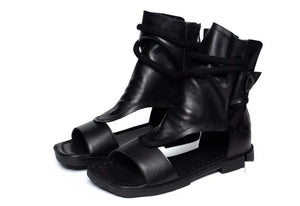 Women's Genuine Cow Leather Peep Toe Sandals | Hollow Booties with Platform Wedge | Ankle Boots | Coffee, Brown & Black | Sizes 35-40