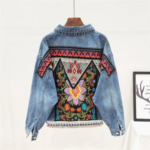 Boho Hippie Embroidered Denim Jacket | Vintage Floral Beaded Jean Coat for Women