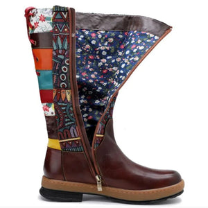 Retro Bohemian Women's Ankle Boots | Genuine Leather Flower Print | Comfortable Lace-Up Design | 3CM Square Heel