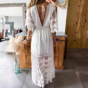 Bohemian Hippie White Lace Maxi Dress | Layered Ruffle A-Line Lace-Up Cotton Blend | S–4XL