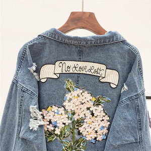 Embroidered Harajuku Denim Jacket | “No Love Lost” Vintage Batwing Sleeve Jean Coat (S–L)