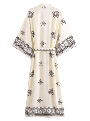Bohemian White Floral Kimono Cover-Up | Cotton Rayon Batwing Sleeve Beach Robe | Wedding & Vacation Wrap | S–XL