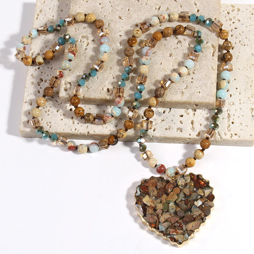 Bohemian Styled Natural Stone Necklace With Heart Shaped Pendant | Brown