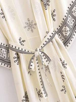 Bohemian White Floral Kimono Cover-Up | Cotton Rayon Batwing Sleeve Beach Robe | Wedding & Vacation Wrap | S–XL