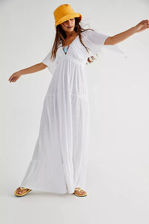 Boho Oversized Maxi Dress | Deep V-Neck Flowy Cotton Blend Long Dress | Flare Sleeve Beach Sundress | S-XL | Summer 2024