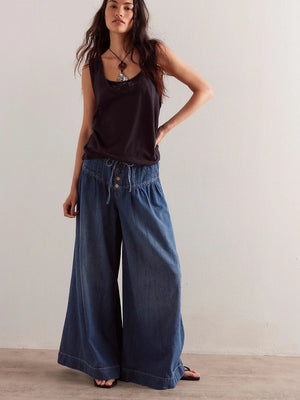 Bohemian Hippie Wide-Leg Denim Jeans | Mid Waist Pleated Cotton Drawstring Pants | Sky Blue & Dark Blue | XS–3XL