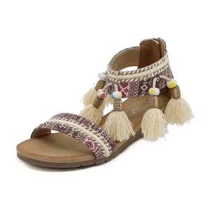 Boho Patchwork Sandals | Women's Tassel Fringe Ankle Wrap Wedges | Flat Heel | Black Or Brown | Sizes 36-42