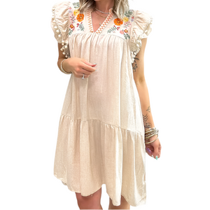 Bohemian Hippie Embroidered Cotton Midi Dress | V-Neck Petal Sleeve Ethnic Style | Loose Fit | S–XL