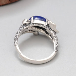 Silver Lotus Ring With Lapis Lazuli Stone | 925 Silver