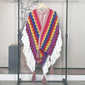 Bohemian Hippie Rainbow Knit Poncho Cape | Women's Oversized Tassel Shawl | One Size | Autumn/Winter Wraptop