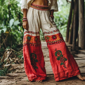 Boho Vintage Wide-Leg High-Waist Pants (Floral Ethnic Prints) | S–3XL | Various Colours