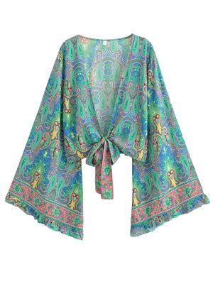 Bohemian Floral Kimono Cover-Up | Short Rayon Ruffle Sleeve Beach Wrap | Red & Aqua Green Prints | S–L