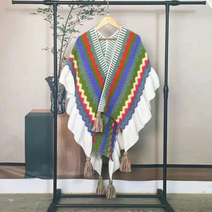 Bohemian Hippie Rainbow Knit Poncho Cape | Women's Oversized Tassel Shawl | One Size | Autumn/Winter Wraptop
