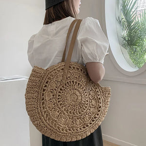 Women's Large Handmade Straw Shoulder Bag With Crochet Design | 43 X 42 X 3cm
