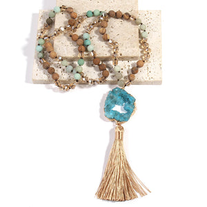 Hippie Styled Tassle Necklace With Amazonite Druzy Stone