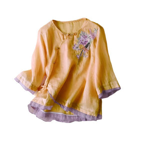 Women's Bohemian Floral Cotton Linen Blouse | Hippie Loose Fit Short Sleeve Shirt | Spring Summer Top M - 4XLtop