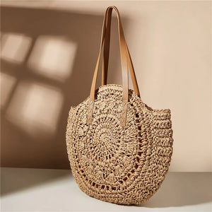 Women's Large Handmade Straw Shoulder Bag With Crochet Design | 43 X 42 X 3cm