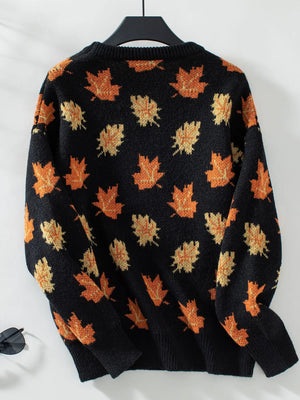 Women's Knitted Pullover Sweater With Maple Leaf Print | Sizes S-XL