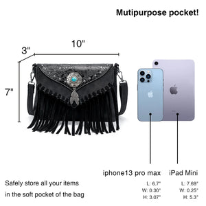 Black Boho Festival Bag With Turquoise Center Stone & Tassels