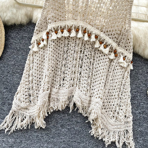Boho Tassel Knit Beach Top | V-Neck Backless Hollow-Out Smock (One Size)