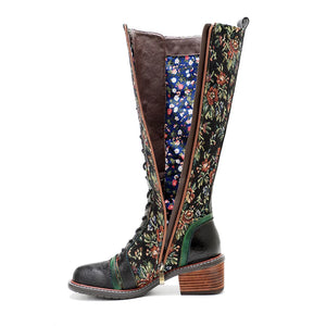 Women's Sheepskin Leather Boots | Lace-Up Chunky Heel Ankle & Knee High Boots | Hippie Flower Bohemian Design | Plus Size | Sizes 36-42
