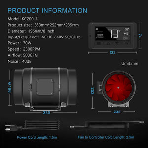 8 Inch Inline Fan With Digital Humidity + Temperature Control | Professional Series