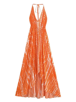 Bohemian Backless High-Low Maxi Dress | Floral Strapless Rayon Summer Holiday Dress with Tassels | Black, Sage, Orange, Aqua | S–L