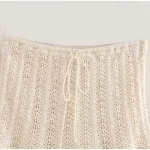 White Women's Hippie Hollowed Out Knitted Sleeveless Top And Skirt | Size S-L