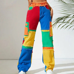 Women's Multi Coloured Streetwear Jeans | Colorful Patchwork Pants | panS–2XL