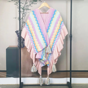 Bohemian Hippie Rainbow Knit Poncho Cape | Women's Oversized Tassel Shawl | One Size | Autumn/Winter Wraptop