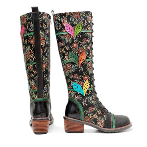 Women's Sheepskin Leather Boots | Lace-Up Chunky Heel Ankle & Knee High Boots | Hippie Flower Bohemian Design | Plus Size | Sizes 36-42
