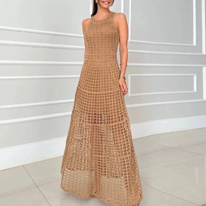 Women's Bohemian Hollow Knit Sleeveless Dress | Hippie High Waist Solid Maxi Beach Dress | Summer O - Neck Long Dress S–XLdress