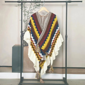 Bohemian Hippie Rainbow Knit Poncho Cape | Women's Oversized Tassel Shawl | One Size | Autumn/Winter Wraptop