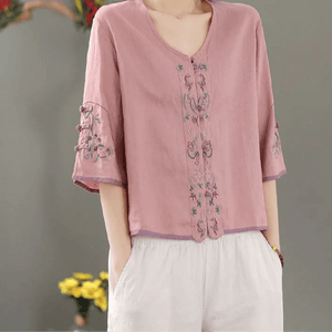 Bohemian Cotton Linen Embroidered Blouse | Hippie V - Neck Summer Shirt | M–4XL | Purple, Blue, Pink, White, Yellow