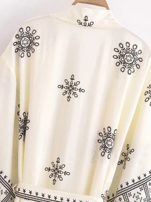 Bohemian White Floral Kimono Cover-Up | Cotton Rayon Batwing Sleeve Beach Robe | Wedding & Vacation Wrap | S–XL