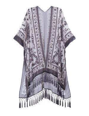Bohemian Burnt Plush Velvet Kimono | Women's Long Floral Beach Cover - Up with Tassels | One Size | Various Colourstop