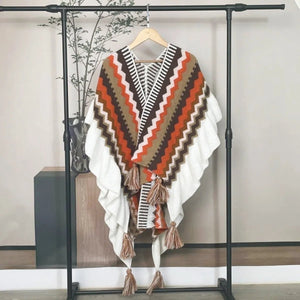 Bohemian Hippie Rainbow Knit Poncho Cape | Women's Oversized Tassel Shawl | One Size | Autumn/Winter Wraptop