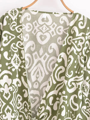 Bohemian Floral Kimono Cover-Up | Short Rayon Ruffle Sleeve Beach Wrap | Red & Aqua Green Prints | S–L