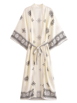 Bohemian White Floral Kimono Cover-Up | Cotton Rayon Batwing Sleeve Beach Robe | Wedding & Vacation Wrap | S–XL