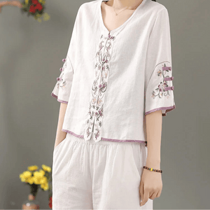 Bohemian Cotton Linen Embroidered Blouse | Hippie V - Neck Summer Shirt | M–4XL | Purple, Blue, Pink, White, Yellow