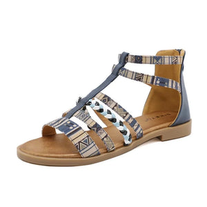 Women's Boho Beaded Sandals | Retro Rhinestone Flats with Zipper | Summer Shoes | Orange, Black & Blue | Sizes 35-42