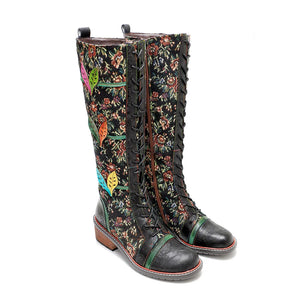 Women's Sheepskin Leather Boots | Lace-Up Chunky Heel Ankle & Knee High Boots | Hippie Flower Bohemian Design | Plus Size | Sizes 36-42