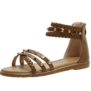 Women's Gladiator Sandals | Elegant Rivet Flat Shoes | Summer Casual Footwear | Brown, Black & Apricot | Sizes 36-42