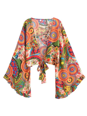 Hippie Floral Kimono Cover-Up | Short Rayon Beach Wrap with Flare Sleeves | Boho Bikini Cover | S–L